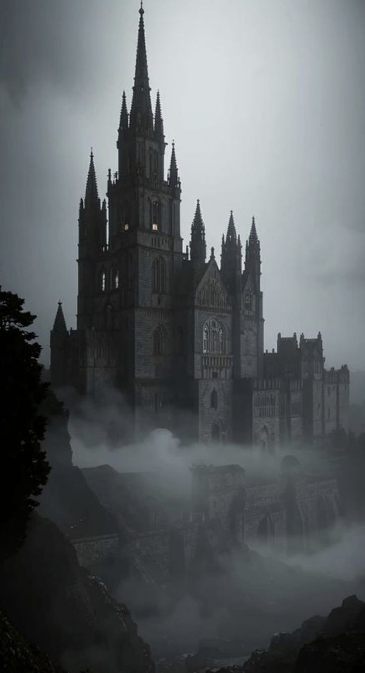 a castle in the middle of a foggy sky