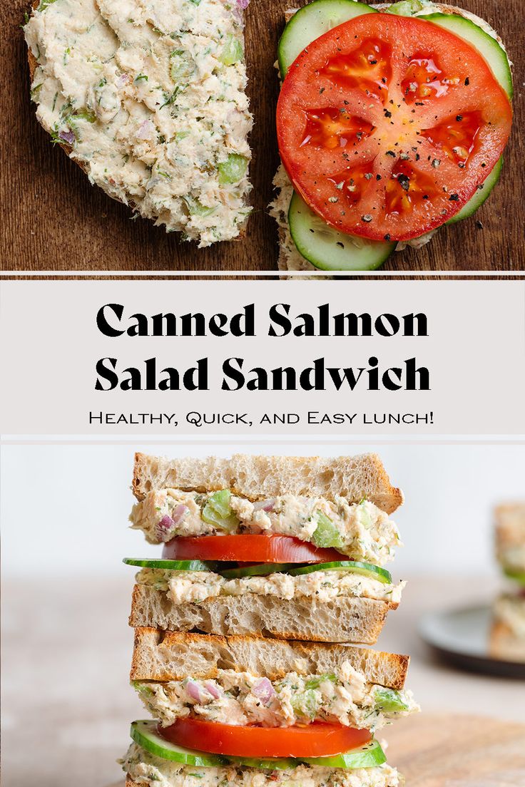 the sandwich is cut in half and ready to be eaten with text overlay that reads, canned salmon salad sandwich healthy quick and easy lunch