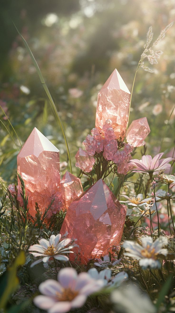 A delicate, photorealistic scene of small, 5-10 cm pink quartz druzy crystals nestled among field flowers in a summer forest. Soft colors and airy composition. Image should not contain text! Light Fairy, Crystal Healing Chart, A Wrinkle In Time, Ethereal Aesthetic, Fairy Dust, Love And Light, Phone Wallpapers, Healing Stones, Crystals And Gemstones