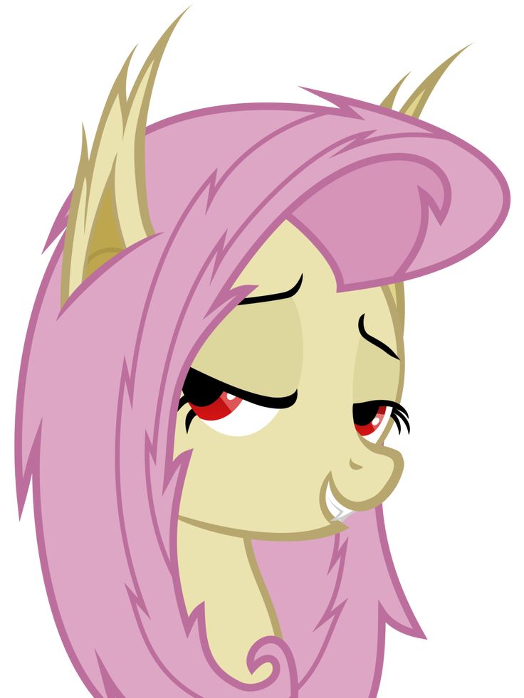 a pink pony with long hair and red eyes is looking down at the viewer's ear