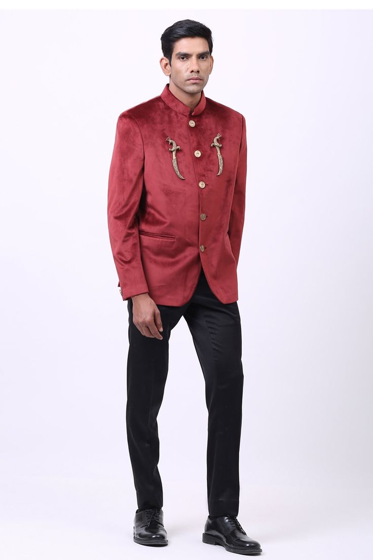 Brick red bandhgala highlighted with dagger embellishments, band collar and full sleeves.
Component: 1
Pattern: Embellished
Type Of Work: Dagger
Neckline: Band Collar
Sleeve Type: Full
Fabric: Velvet
Color: Red
Other Details: 
Note: The pant worn by the model is not for sale
Occasion: Destination Wedding, Sangeet - Aza Fashions Bandhgala For Men, Velvet Color, Band Collar, Full Sleeves, Brick Red, Not For Sale, Aza Fashion, Full Sleeve, Sleeve Type