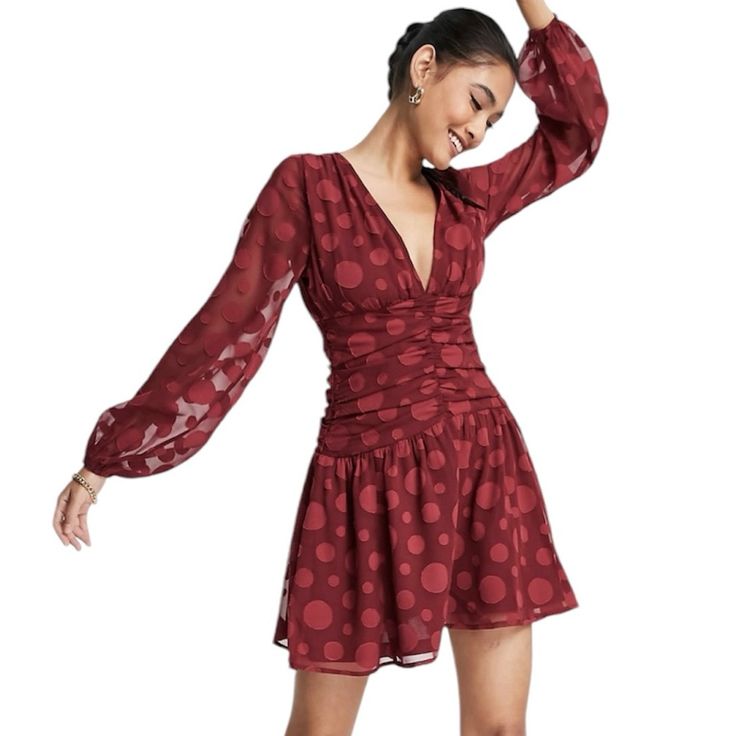 Asos Design Long Sleeve Ruched Front Skater Mini Dress In Oxblood Spot Jacquard. Voluminous Sheer Long Sleeves With Elastic Cuff. Plunge V-Neck Front. Ruched Waist. Zip Side Closure. Jacquard Spot Pattern. Fully Lined Body With Unlined Sleeves. Material: 100% Polyester. Brand: Asos Style: 108933875 Color: Oxblood Size: 0 Us Retail Price: $50.00 Condition: Nwt New With Tags Approximate Measurements Laying Flat: Pit To Pit 15" Waist 12" Length 32" Styles Fall Fashion Autumn Outfits Winter Holidays Dark Red Dress Short, Skater Mini Dress, Dark Red Dresses, Spots Pattern, Red Dress Short, Fashion Autumn, Mini Skater Dress, Asos Dress, Autumn Outfits