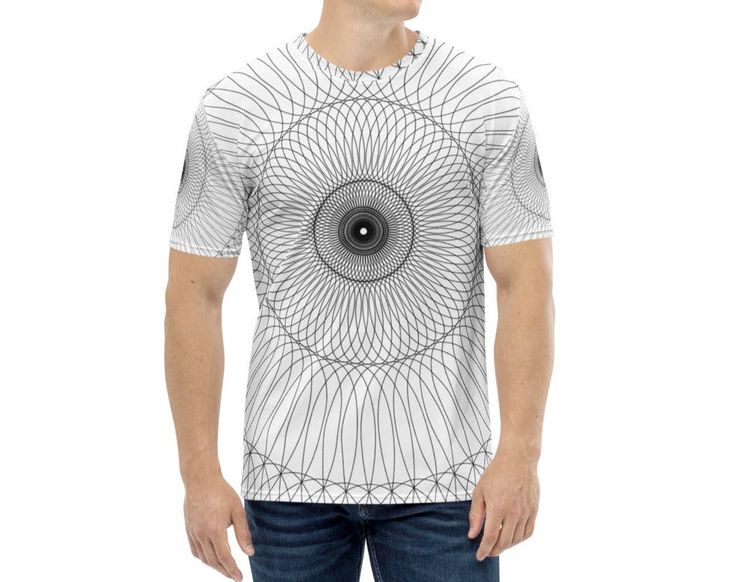 Men's T-shirt - Geometric - Elara Activewear Modern Fitted T-shirt With Graphic Print, Stretch Crew Neck T-shirt With All Over Print, White Fitted Graphic Design T-shirt, Fitted White Graphic T-shirt, White Stretch Modern T-shirt, Stretch Graphic Tee With Sublimation Print, Elastane Fabric, Getting To Know You, The Cross