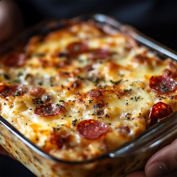 a person holding up a casserole dish with pepperoni and cheese on it