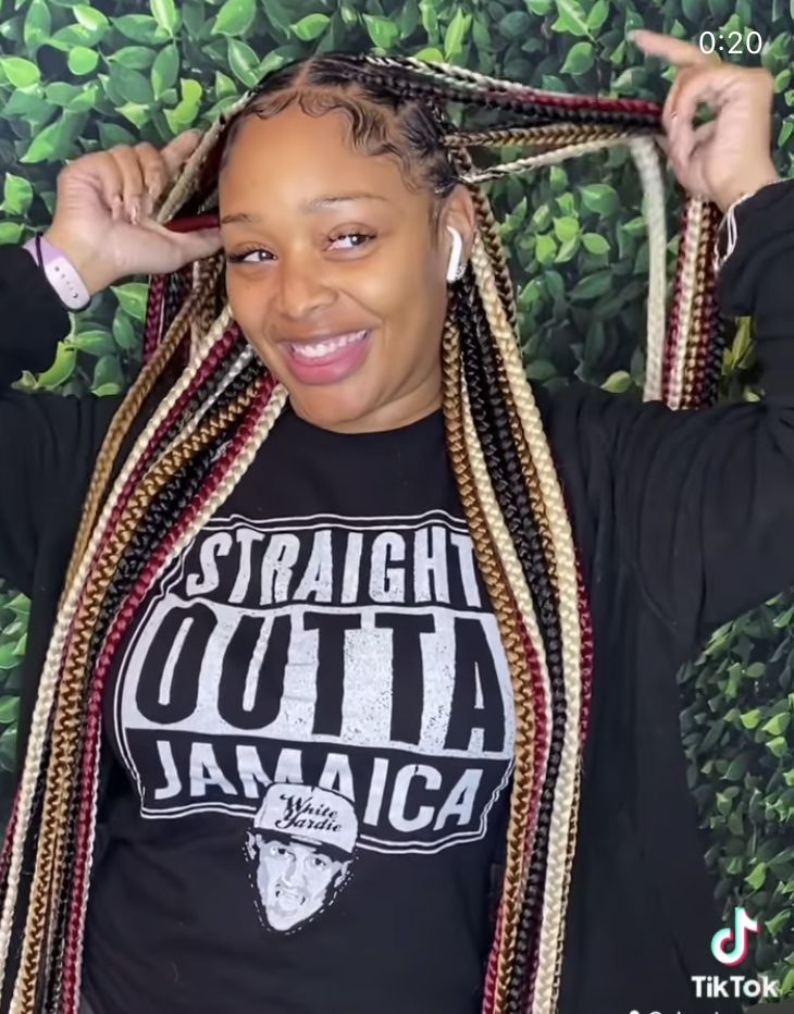 Plaits With Color For Black Women, Braids With Multiple Colors, Tricolor Box Braids, Black Women Colored Braids, Tri Color Braids, Three Color Braids, Tricolor Braids, Multicolored Box Braids, Two Toned Braids Black Women