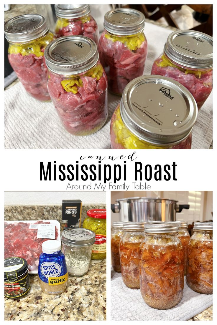 several jars filled with food sitting on top of a counter next to an image of meat