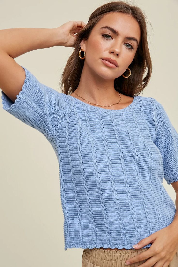 Blue Bird Day - Crochet Top – Baker & Co. Home Mercantile Summer Light Blue Knit Top With Crew Neck, Light Blue Crew Neck Knit Top For Summer, Blue Fitted Casual Knit Top, Casual Blue Crochet Top For Spring, Blue Knit Tops For Summer, Light Blue Knit Top For Spring, Blue Short Sleeve Knit Top For Summer, Light Blue Textured Knit Tops For Spring, Fitted Blue Casual Knit Top