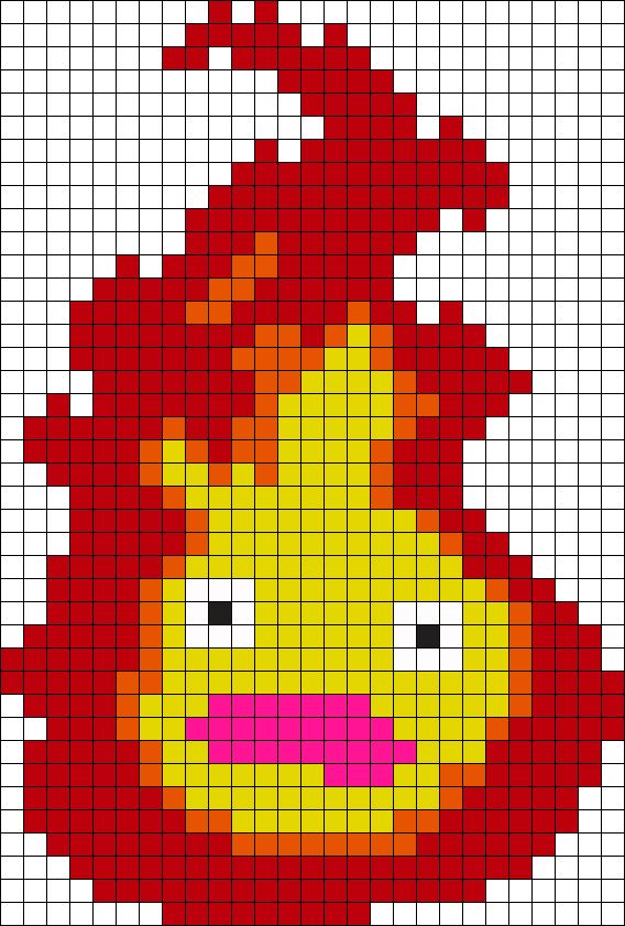 a cross stitch pattern with a red and yellow fireball in the shape of a face