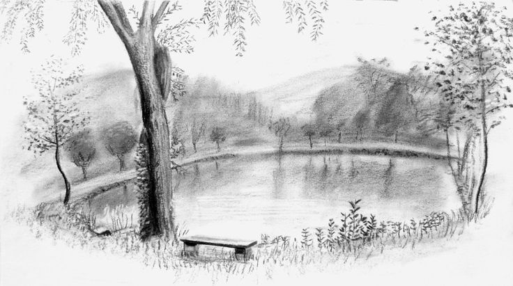 a pencil drawing of a lake with trees in the foreground and a bench on the other side