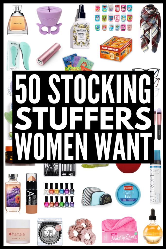 the words 50 stocking stuff for women want in black and white with an image of various