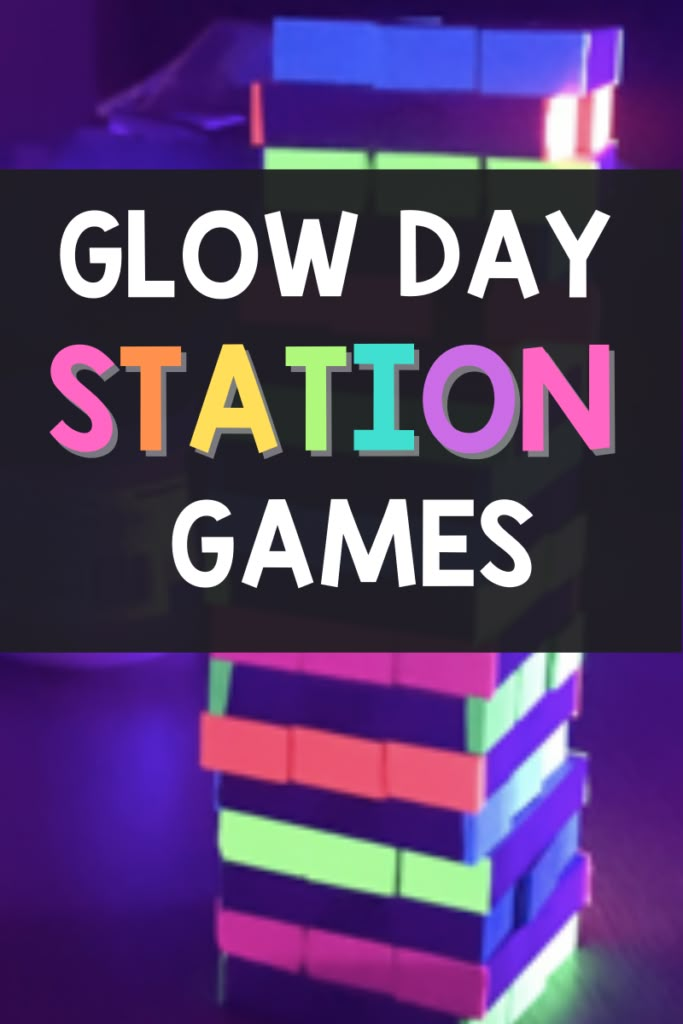 the text glow day station games on top of an image of neon colored cubes