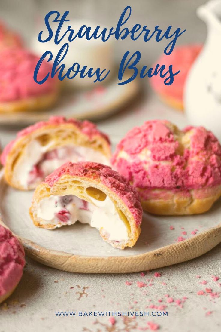 strawberry cheese buns on a plate with pink sprinkles