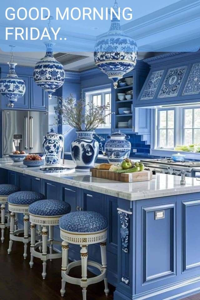 a kitchen with blue cabinets and stools in front of the counter top that says good morning friday