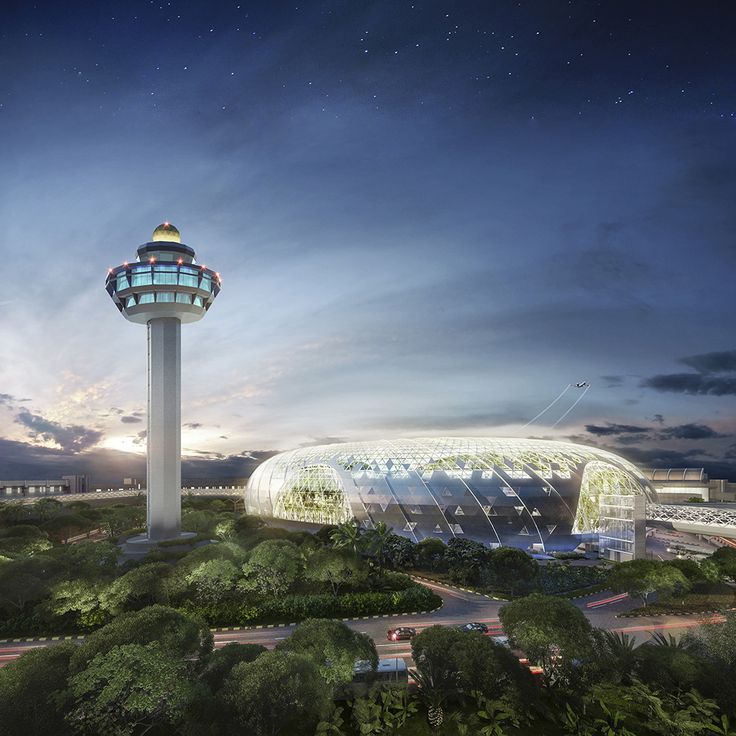 an artist's rendering of the new airport at night, with a tower in the foreground