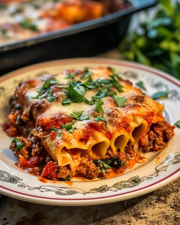 a white plate topped with lasagna covered in meat and cheese