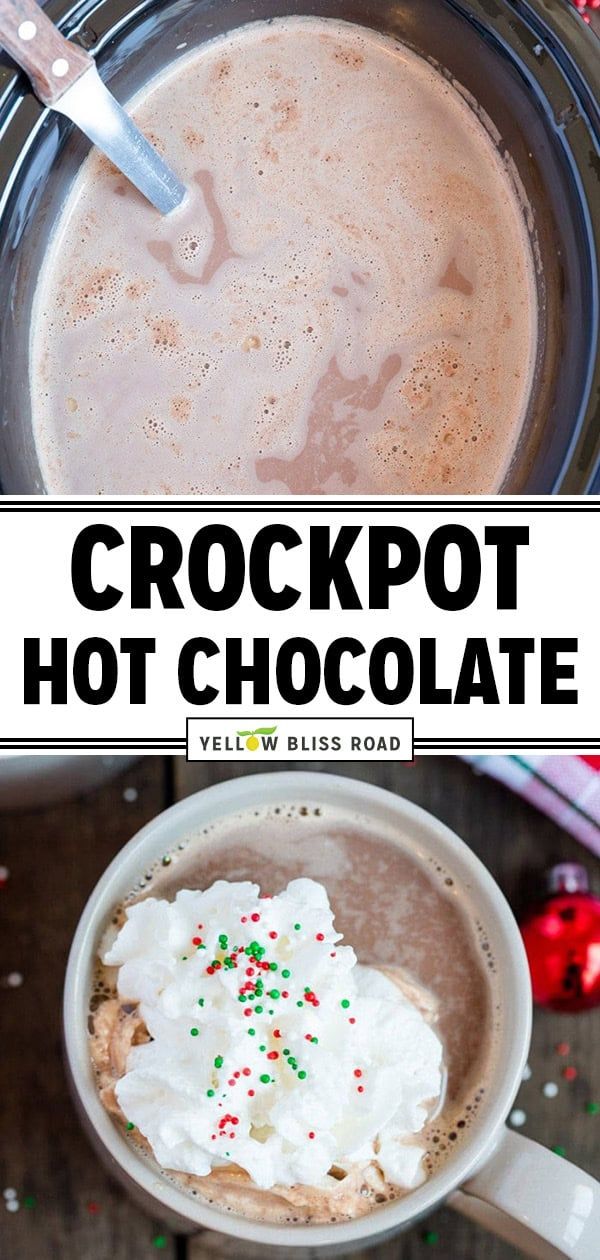 this is an image of a crockpot hot chocolate with whipped cream and sprinkles