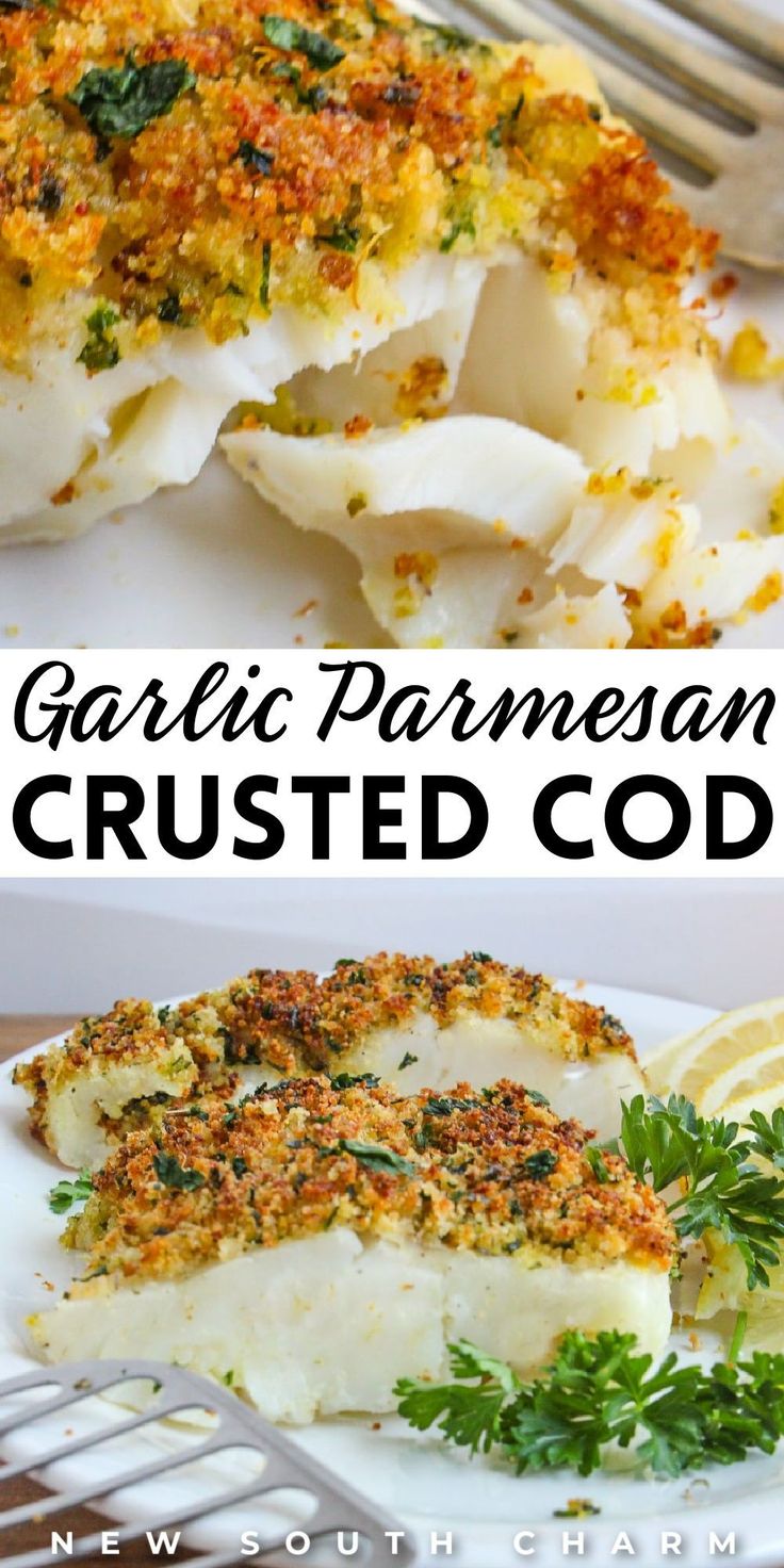 two photos with text that reads garlic parmesan crusted code