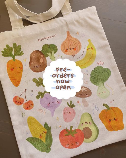 a tote bag with vegetables painted on it