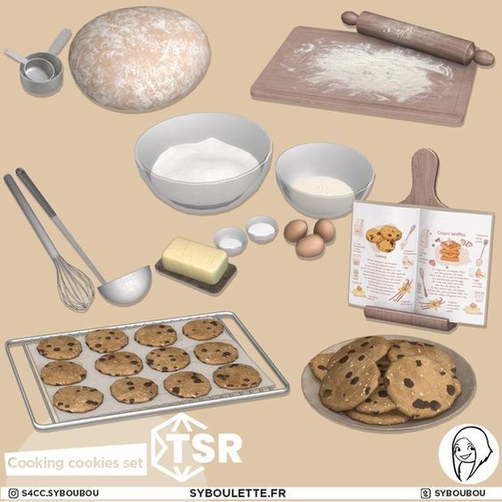 there are cookies, flour, and other baking supplies on the table with an open book