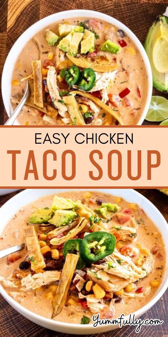 easy chicken taco soup in a white bowl with avocado and cilantro