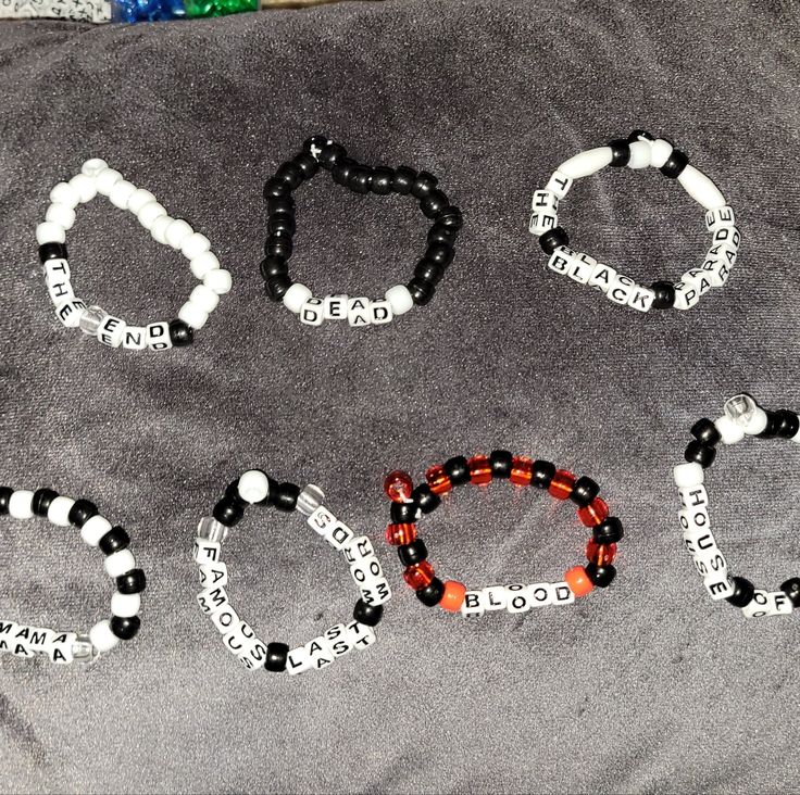 7 Bracelets: The Black Parade House Of Wolves The End Dead Mama Famous Last Words Blood Cleaned Before Sent Able To Be Bought Individually!! Please Message Me Beforehand Pet Free House Smoke Free House Goth Friendship Bracelets, Mcr Bracelet Ideas, My Chemical Romance Bracelet, Sam And Colby Bracelet Ideas, Emo Bracelet Ideas, Black Bracelet Ideas, Mcr Bracelet, Bead Bracelet Words Ideas, Emo Crafts