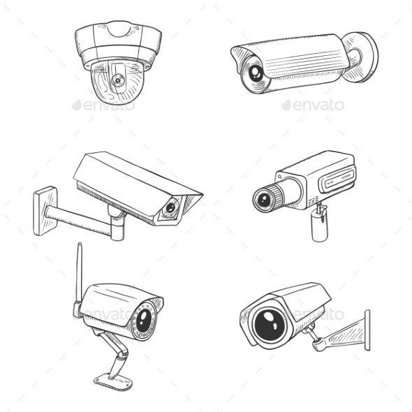 different types of security cameras on white background - miscellaneous objects / items clippings