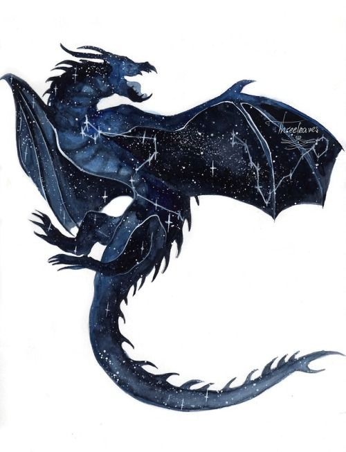 a drawing of a black dragon with stars in the sky