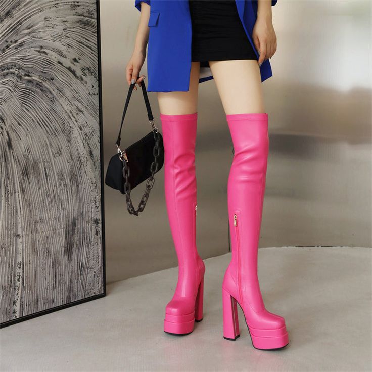 Looking for something to really turn heads? Then check out our pink thigh high boots! These babies are sure to get you noticed with their peep toe and block heel design. Plus. the platform makes them super comfy to wear all night long. Whether you're hitting the club or just want to add a little spice to your outfit. these boots are perfect for you! Upper: Microfiber Lining: Leather Outsole: Rubber Toe: Open Toe Closure: Zip Heel: 14.5cm/6'' Platform: 5cm/5'' Shaft: 54cm/21'' Circumference: 35cm Trendy Chunky Platform Knee-high Boots, Trendy Pink Knee-high Boots With Round Toe, Trendy Pink Knee-high Boots For Spring, Pink Knee-high Boots For Fall, Trendy Platform Knee-high Boots, Trendy Platform Knee-high Boots With High Heel, Trendy Knee-high Boots With Platform Heel, Trendy Pink Platform Heeled Boots, Trendy Pink High Heel Boots