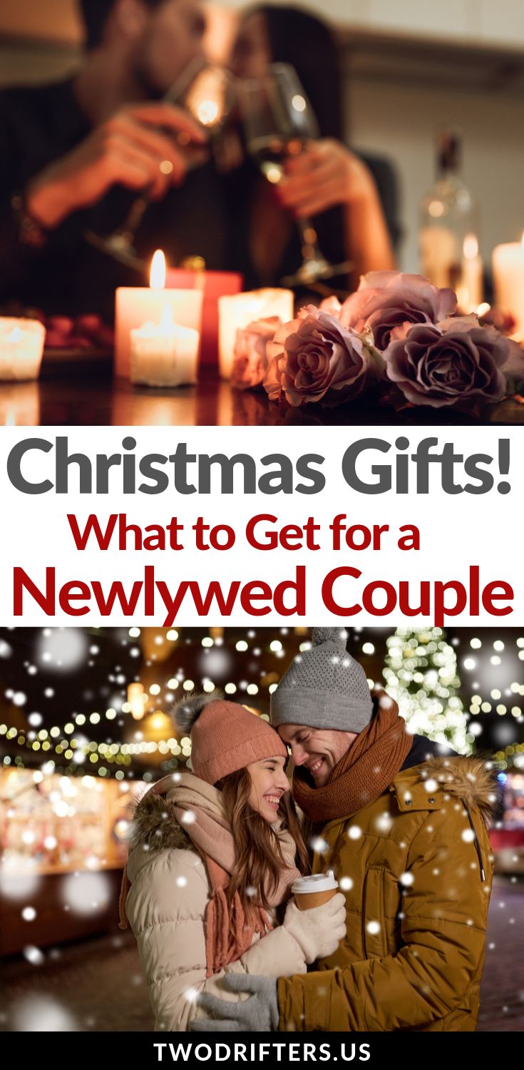 two people sitting at a table with candles in front of them and the words christmas gifts what to get for a newlywed couple