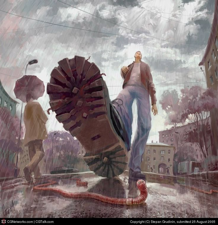 two people walking in the rain with umbrellas and a large snake crawling around them