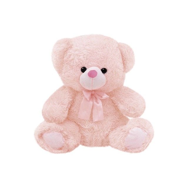 a pink teddy bear sitting on top of a white floor