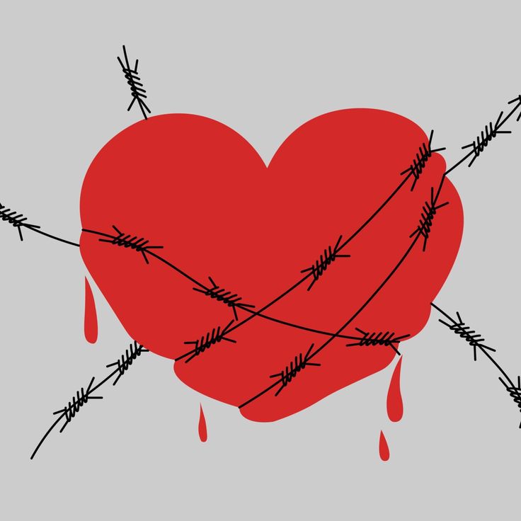 a heart with barbed wire and drops of blood