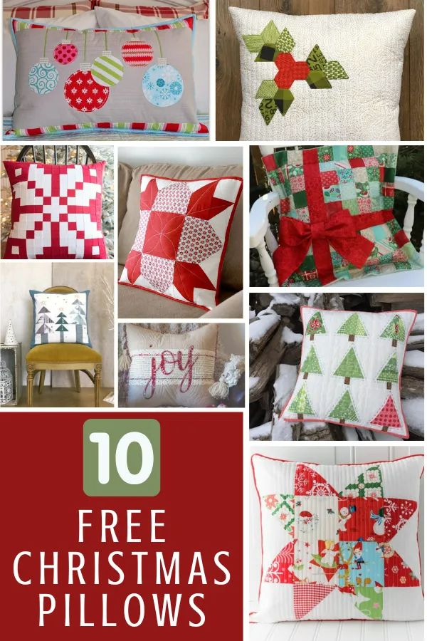 christmas pillows with the words 10 free christmas pillow patterns in red, green and white