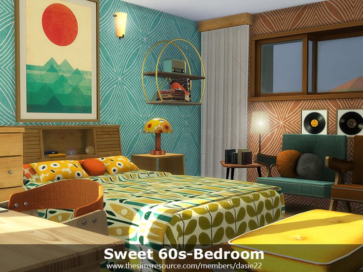 the bedroom is decorated in retro style with modern furniture and art on the walls, as well as colorful wallpaper