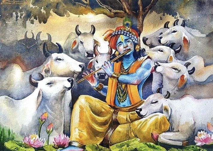 a painting of a man playing the flute surrounded by cows