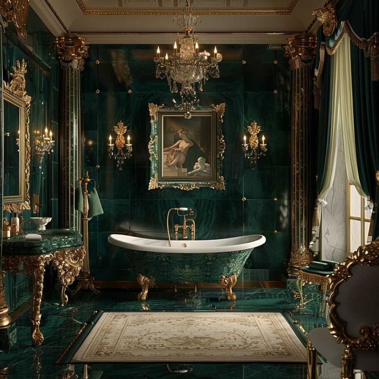 a fancy bathroom with green walls and gold trimmings, an ornate bathtub in the center