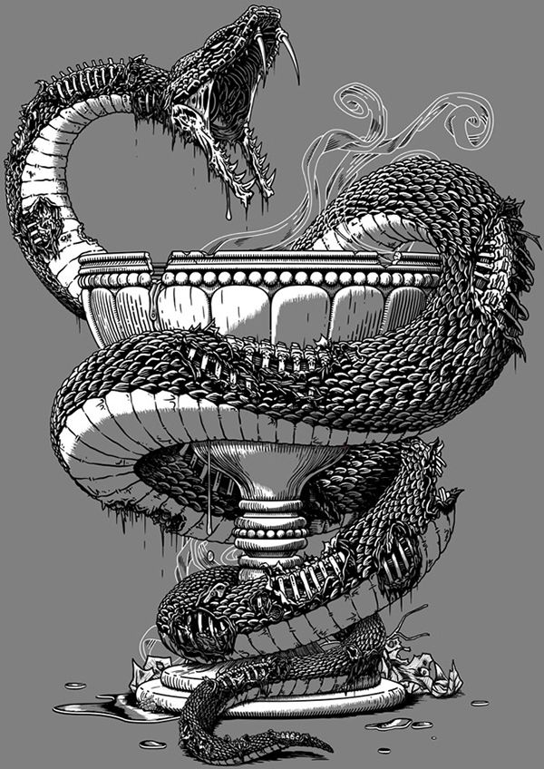 a black and white drawing of a vase with two snakes on it