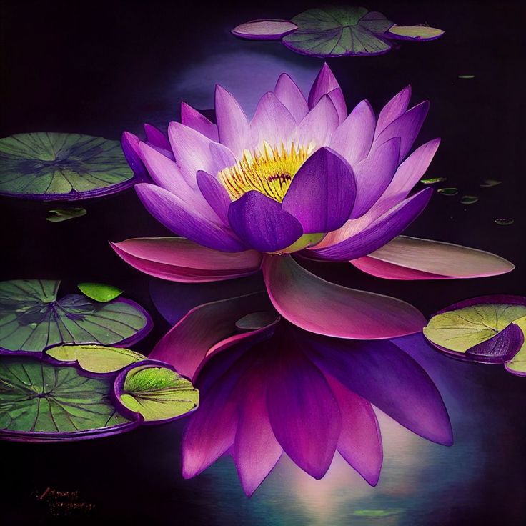 a painting of purple water lilies floating on top of green lily pads and leaves