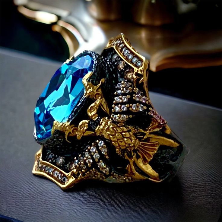 Title: 925 Silver,Baroque Hand Carved,Aquamarin Swarovski Stone, Double Sword, Double-Headed Eagle With Zircon Stone Wings,Men Ring. Cool Men Rings Man Rings, Mens Rings For Sale, Stone Ring Design, Cool Rings For Men, Unique Mens Rings, Double Headed Eagle, Men Rings, Mens Rings Fashion, Mens Gold Jewelry