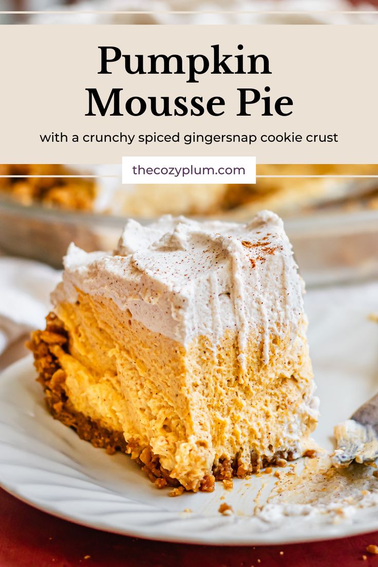 a slice of pumpkin mousse pie on a white plate