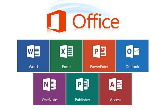 the microsoft office logo is shown above several different color blocks with one word, powerpoint, and outlook