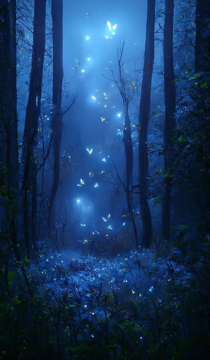 a forest filled with lots of butterflies flying through the air