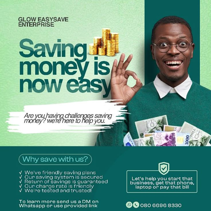 a man holding money in front of him with the words saving money is now easy