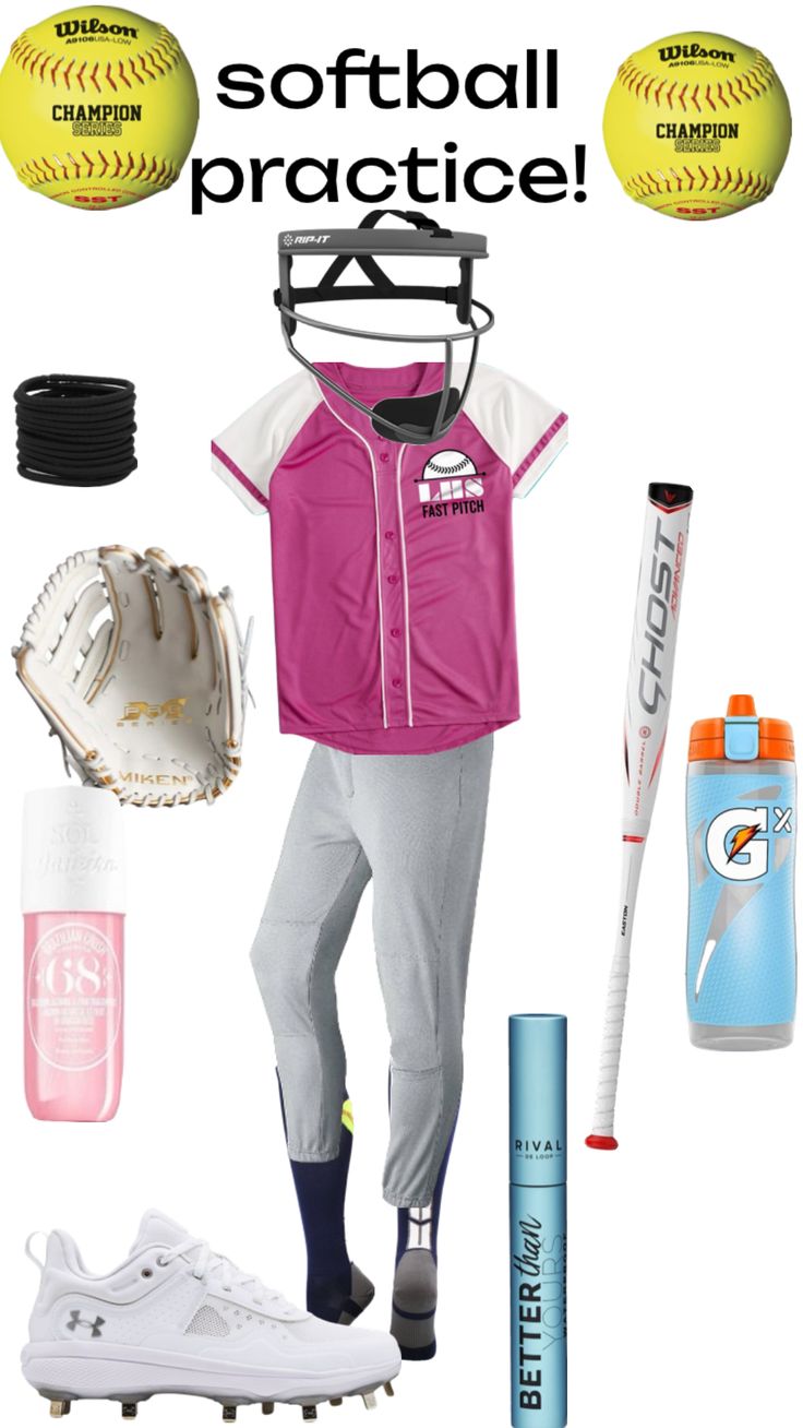 a baseball uniform and other sports items are arranged on a white background with the words softball practice