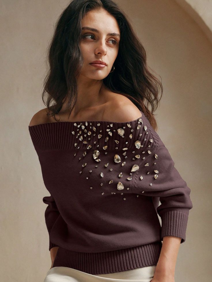 Elegant Off-Shoulder Beaded Pullover Sweater Brown Casual  Three Quarter Length Sleeve Knitwear Colorblock,Plain,All Over Print Pullovers Slight Stretch  Women Clothing, size features are:Bust: ,Length: ,Sleeve Length: Sweater Brown, Long Sleeve Pullover Sweater, Long Sleeve Knit Tops, Brown Sweater, Print Pullover, Kids Sleepwear, Long Sleeve Cardigan, Long Sleeve Knit, Long Sleeve Pullover