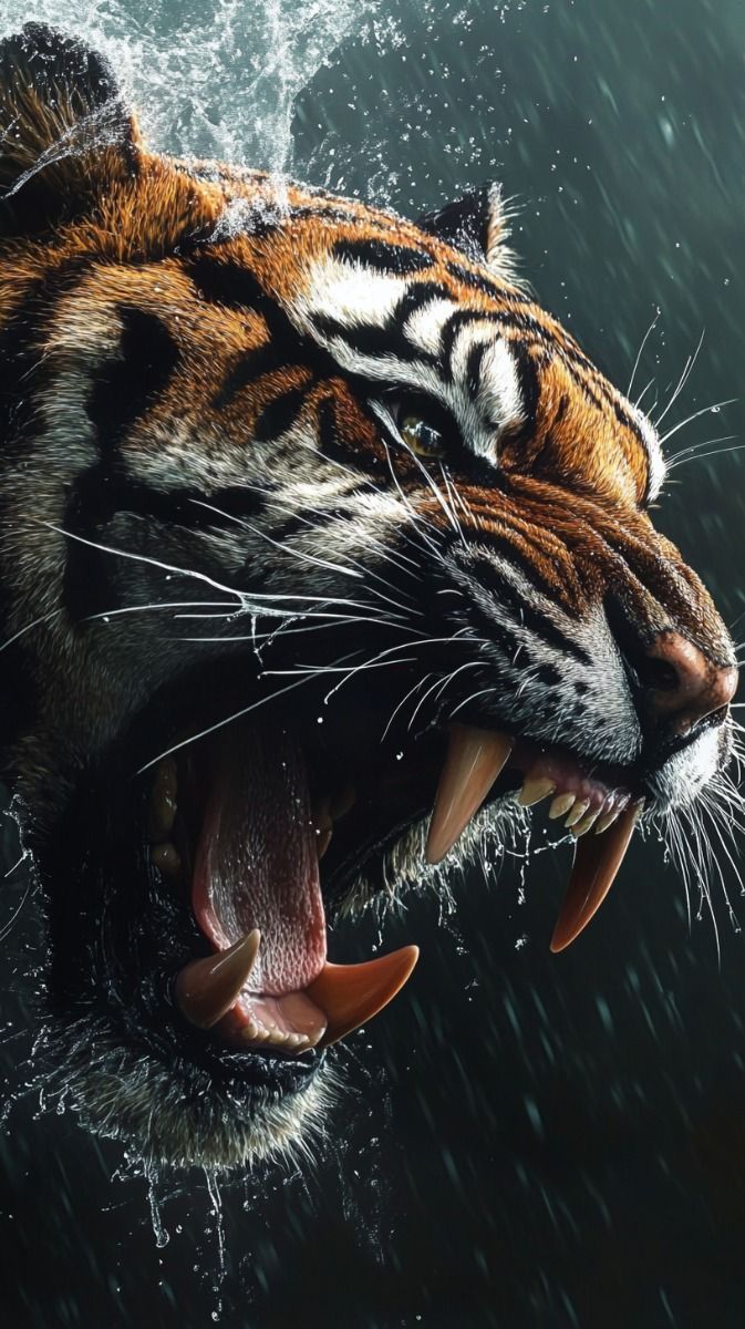 a tiger with its mouth open in the rain