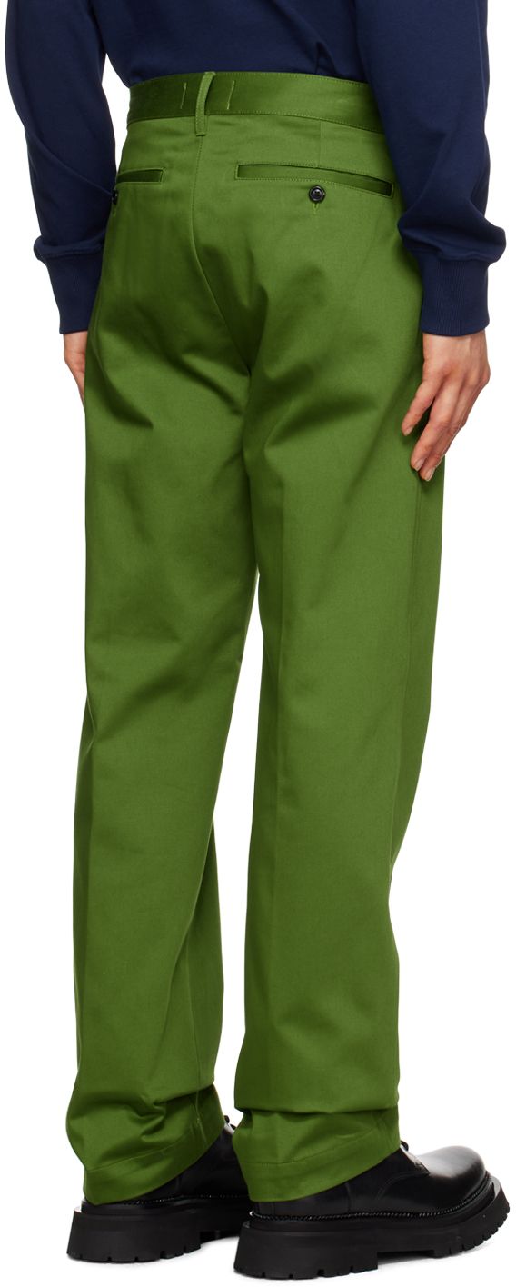 Cotton satin trousers. · Belt loops · Four-pocket styling · Button fly · Creased legs · Horn hardware Supplier color: Evergreen Green Workwear Bottoms With Welt Pockets, Wide Leg Green Chinos For Work, Green Wide Leg Chinos For Work, Green Straight Pants With Welt Pockets, Green Work Pants With Pockets For Spring, Spring Green Wide Leg Chinos, Green Tapered Leg Cargo Pants For Workwear, Green Straight Work Pants With Side Pockets, Green Cargo Pants With Side Pockets For Work