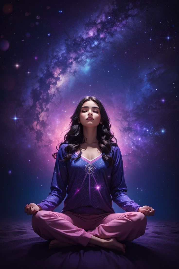 a woman sitting in the middle of a space filled with stars