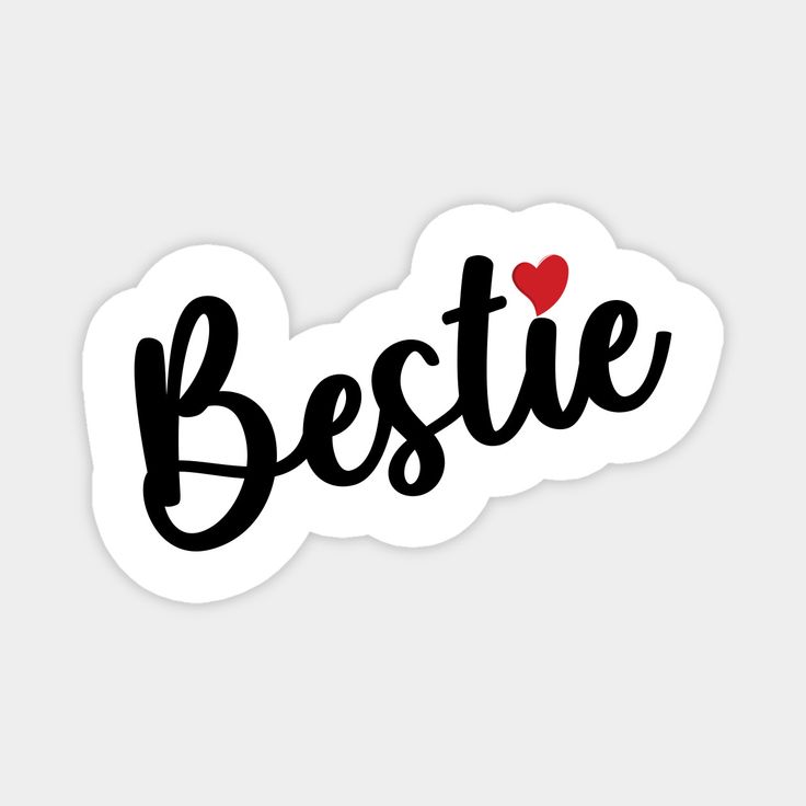 the word bestie written in black ink on a white sticker with a red heart