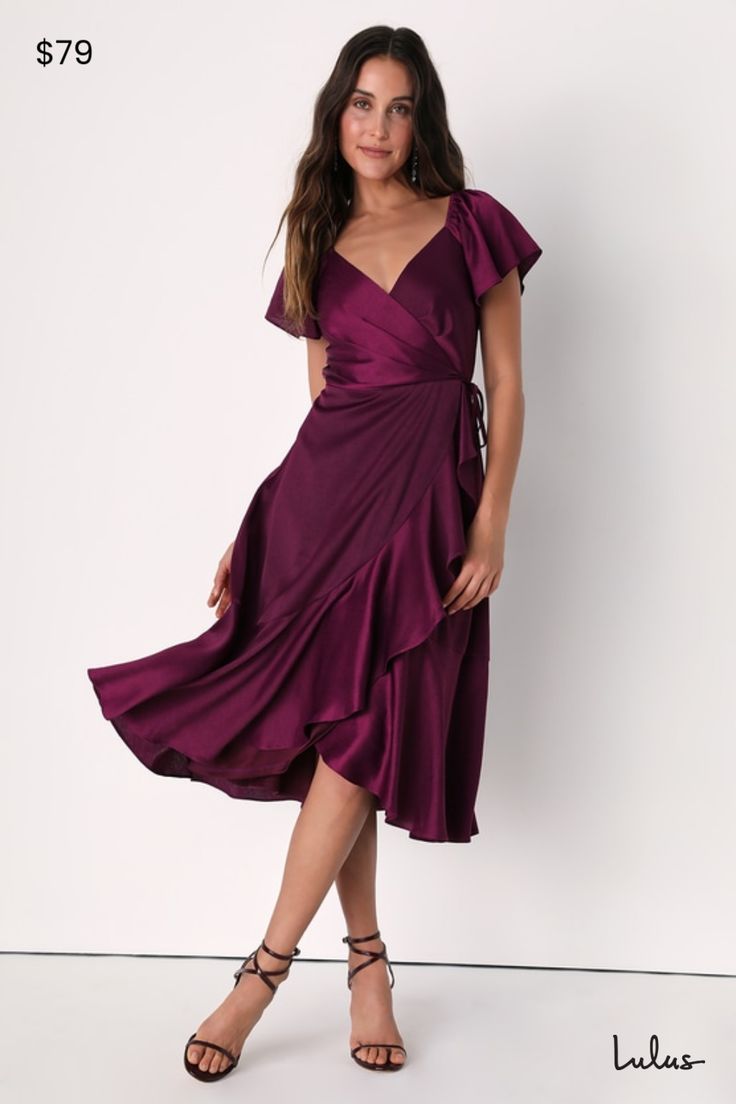 It's easy to look gorgeous when you've got a secret weapon like the Lulus Serene Sight Plum Purple Midi Wrap Dress! Lightweight, crinkle-woven fabric (with a subtle sheen throughout) shapes this elegant dress that has short flutter sleeves (with elastic at the shoulders) atop a surplice bodice with light gathering at the front. Overlapping skirt features tiered ruffles and falls to a slight high-low midi hem. Fit: This garment fits true to size. Length: Knee to mid-calf length. Size medium measu August Wedding Guest Dress Plus Size, Dress For Wedding Guest Short, Wedding Guest Dress For Short Women, Plum Mother Of The Bride Dresses, Dress For Big Arms Women, Purple Dress With Sleeves, Revenge Dress Ideas, Wedding Cocktail Attire For Women, February Wedding Guest Outfit